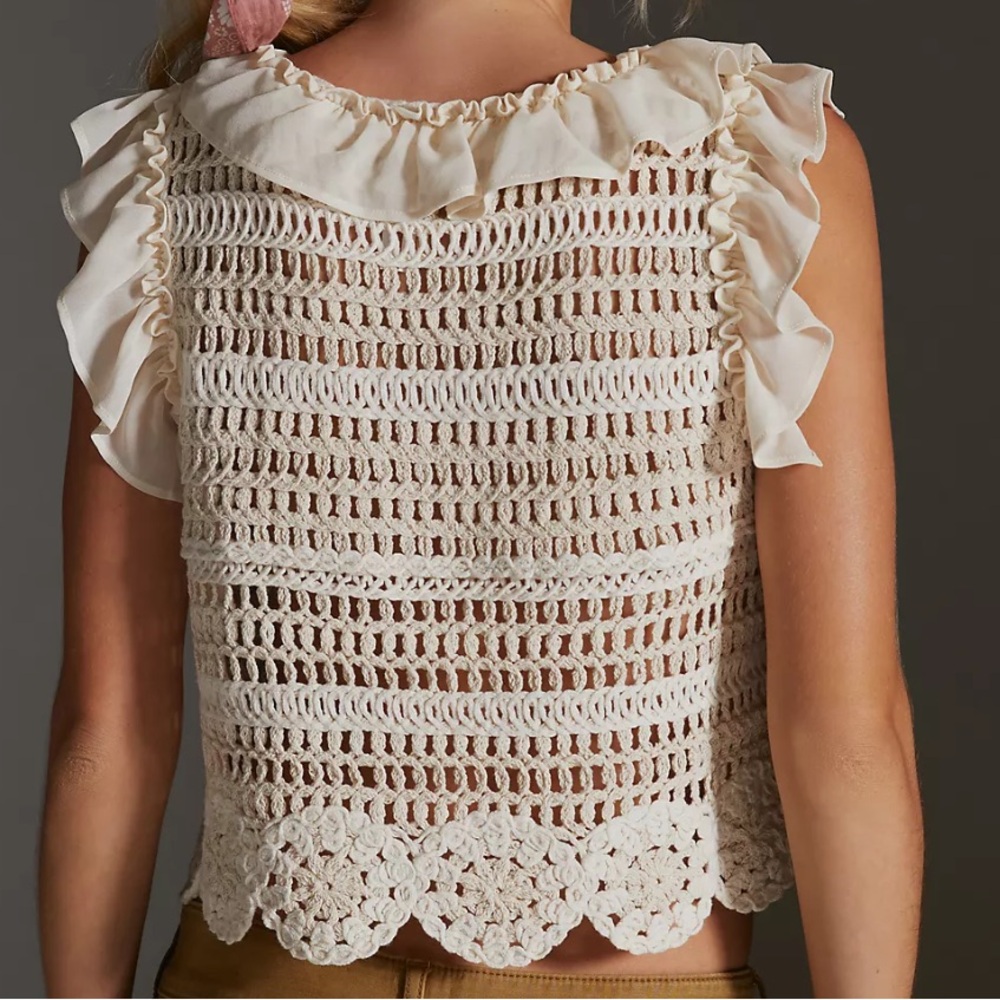 Anthropologie cream ivory Ruffled Crochet Tank Top - Picture 3 of 10